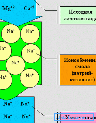 Кога омекнување вода, магнезиум и калциум јони се заменуваат со натриумови јони.
